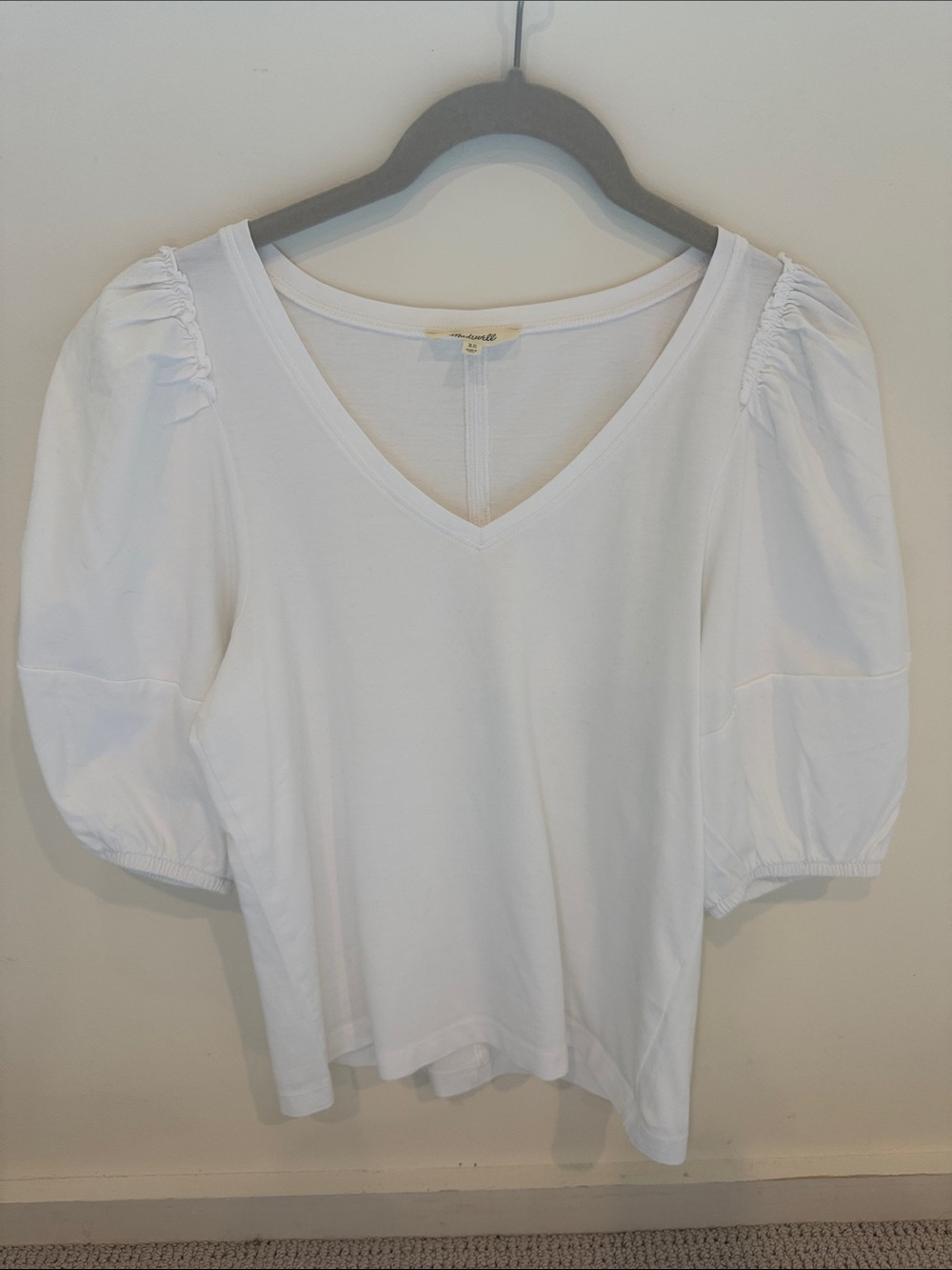 Madewell White V-Neck Puff Sleeve Tee